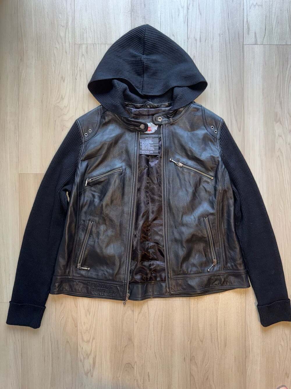 Harley-Davidson Women's Mixed Media Leather Knit Sleeve Hooded Jacket Size XL